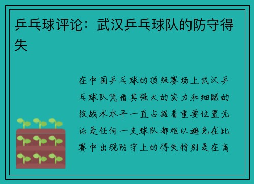 乒乓球评论：武汉乒乓球队的防守得失