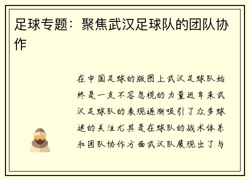 足球专题：聚焦武汉足球队的团队协作
