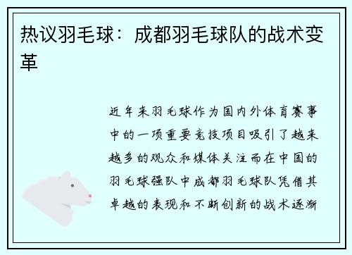 热议羽毛球：成都羽毛球队的战术变革